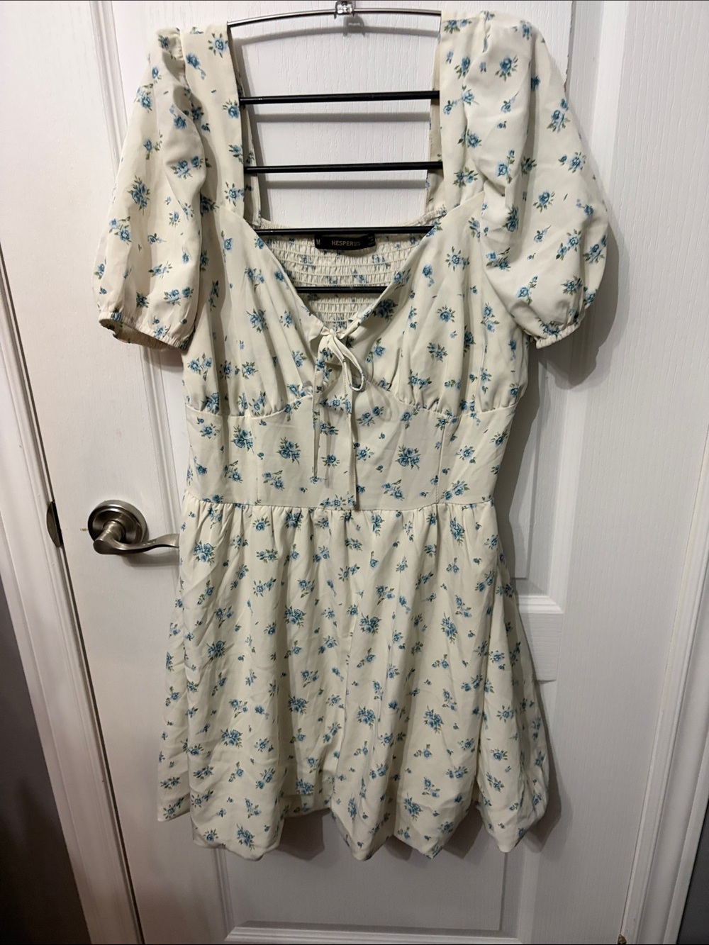 Vintage-Inspired Cream Mini Dress with Blue Floral Print